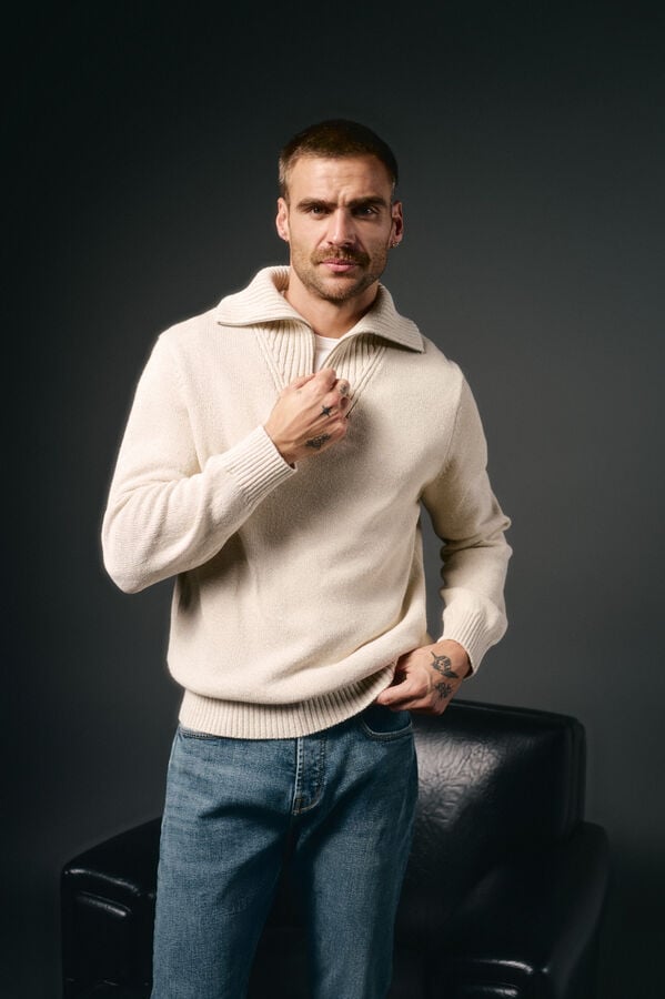 OOTO Jersey cuello polo cremallera algodón Beige