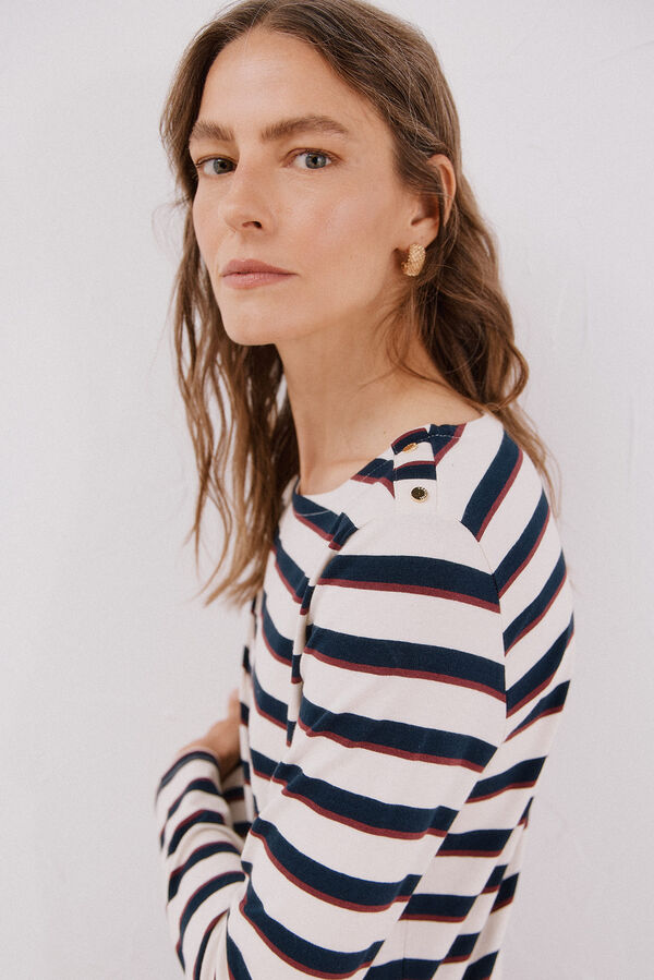 Cortefiel Boat neck T-shirt with buttons Printed blue