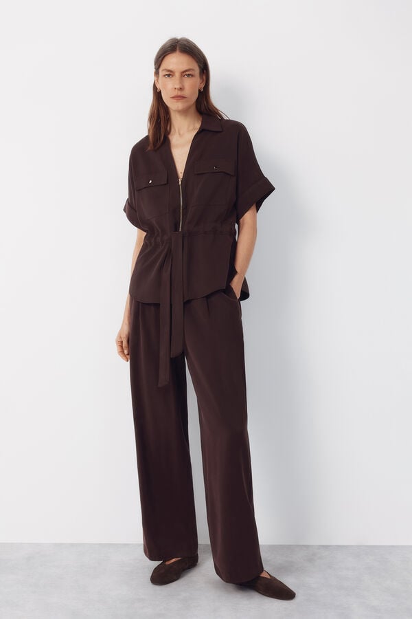 Cortefiel Tencel pants with belt Dark brown