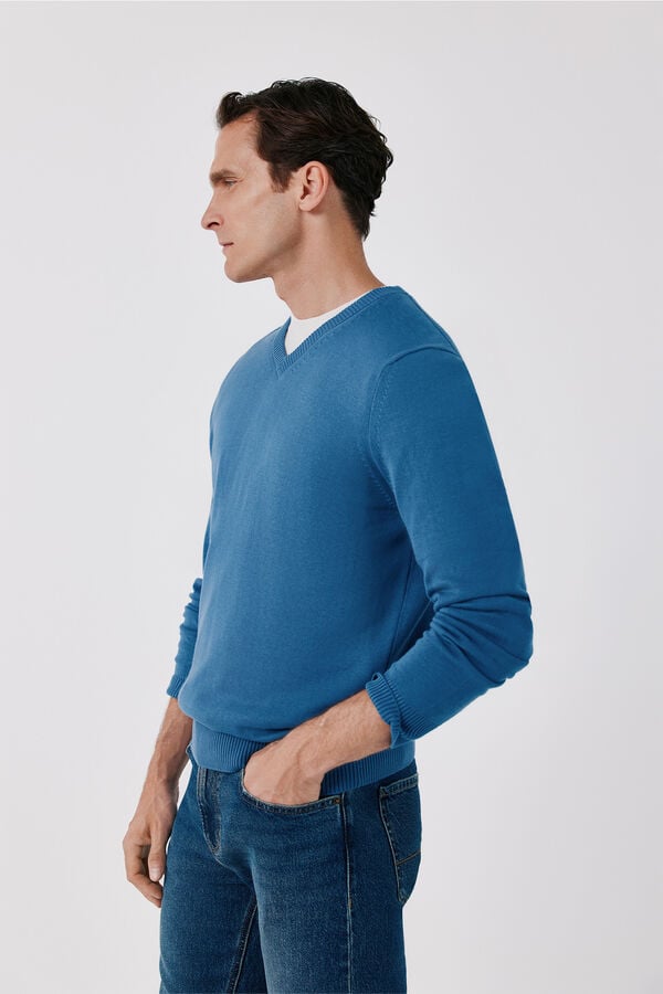 Cortefiel Cotton fine knit V-neck jumper Blue