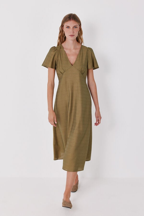Cortefiel V-neck flutter sleeve dress Green
