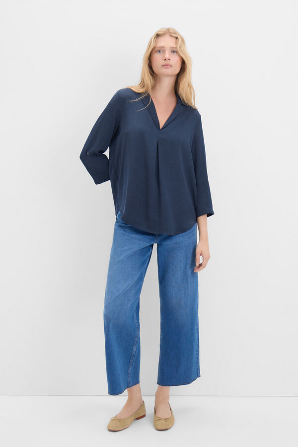 Cortefiel Satin blouse with lapel collar Navy