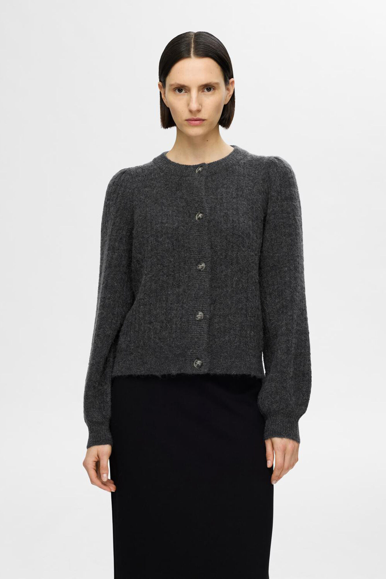 Ribbed crew crew neck cardigan made with wool and Alpaca