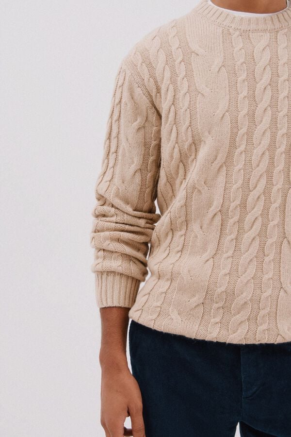 Cortefiel Jersey lana trenzado cuello caja Beige