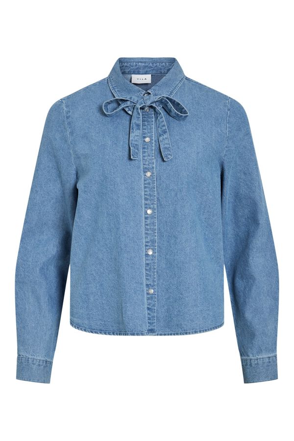 Vila Camisa de ganga com la&ccedil;ada no pesco&ccedil;o Azul