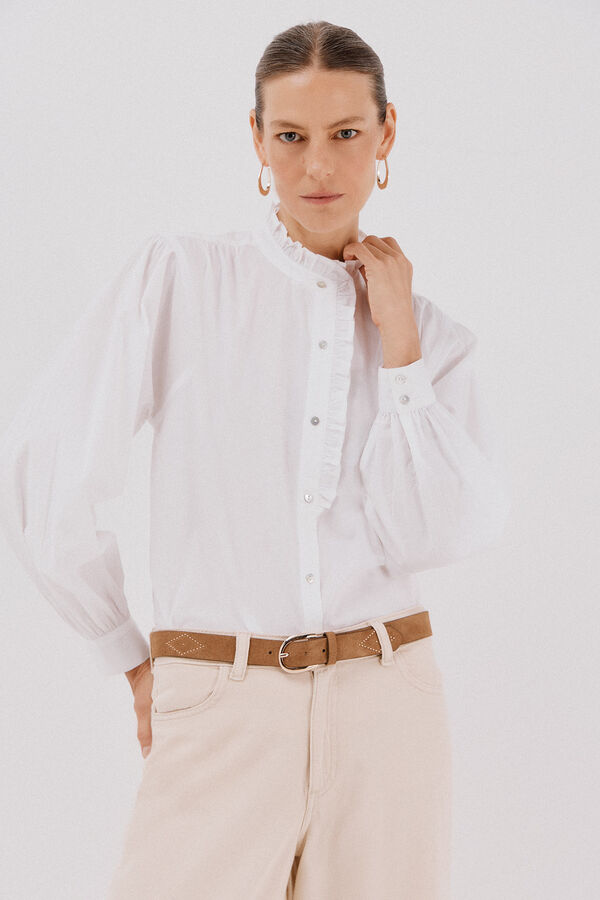 Cortefiel striped blouse with ruffled neck White
