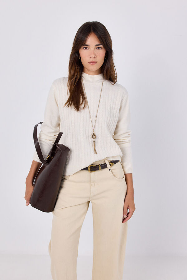 Cortefiel Cable knit funnel neck jumper Ivory