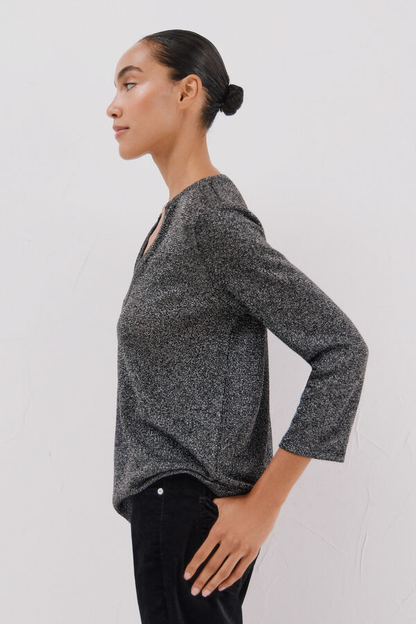 Cortefiel Lurex mandarin collar t-shirt Black