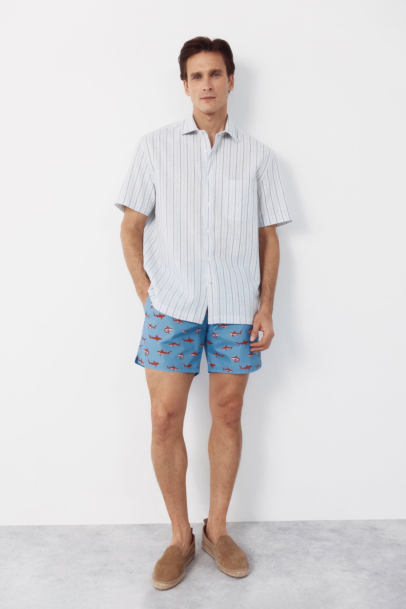 Cortefiel Striped cotton linen short sleeve shirt