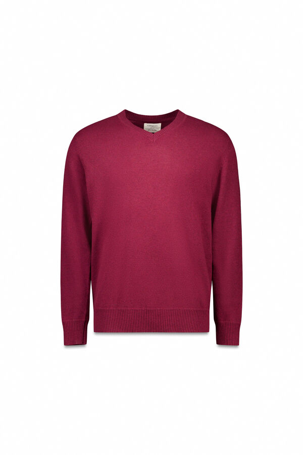 Cortefiel Lambswool round V wool sweater Maroon