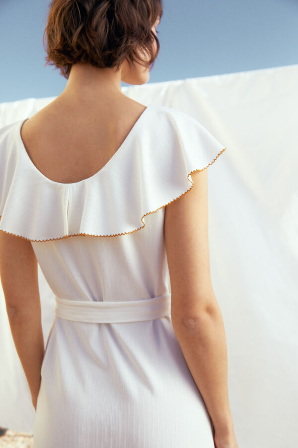 Cortefiel Ribbed dress with ruffle Ivory