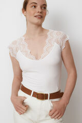 Vila Ribbed t-shirt with lace Branco