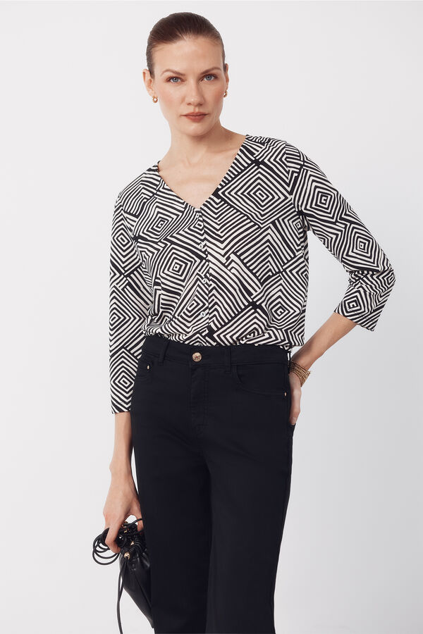 Cortefiel V- neckline top with buttons Printed white