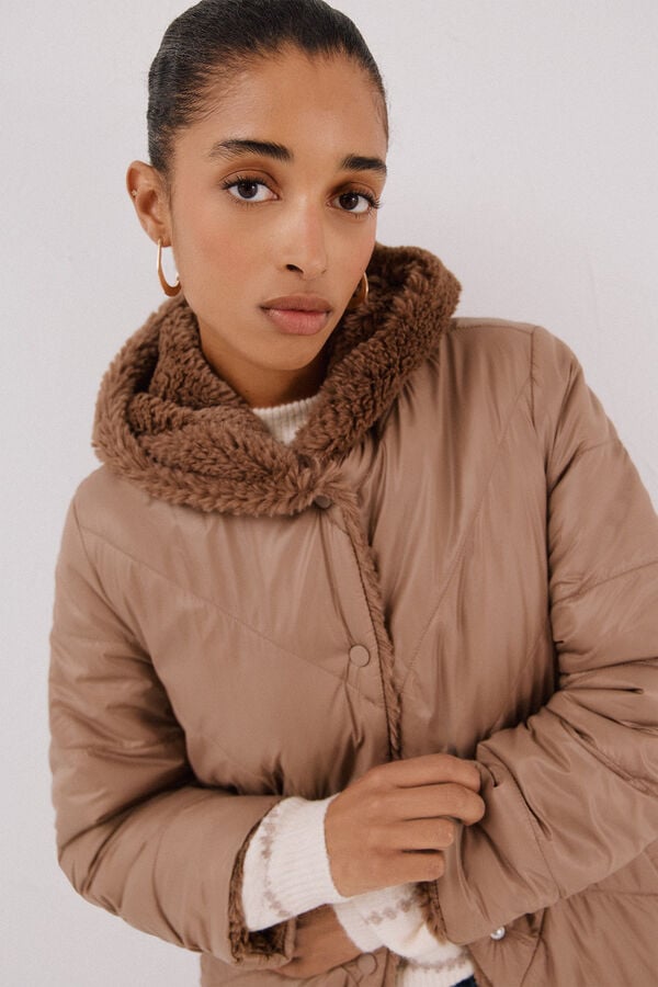 Cortefiel Long reversible faux fur coat Beige