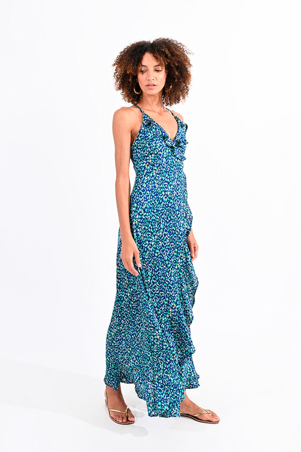 Cortefiel Printed dress with crossed straps and ruffles Blue