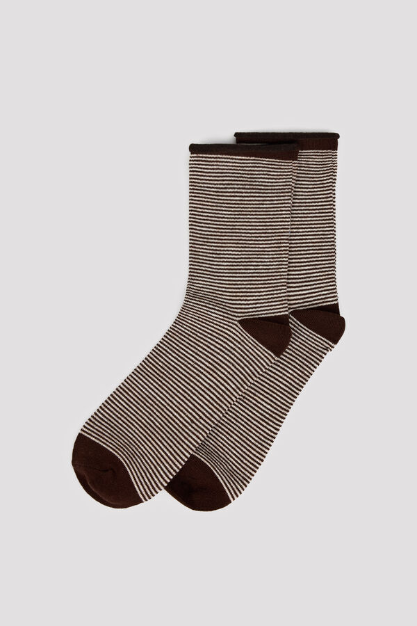 Cortefiel Lurex striped long socks Printed brown