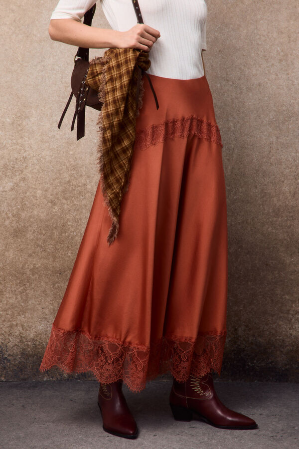 Slowlove Saia midi em cetim e renda Vermelho