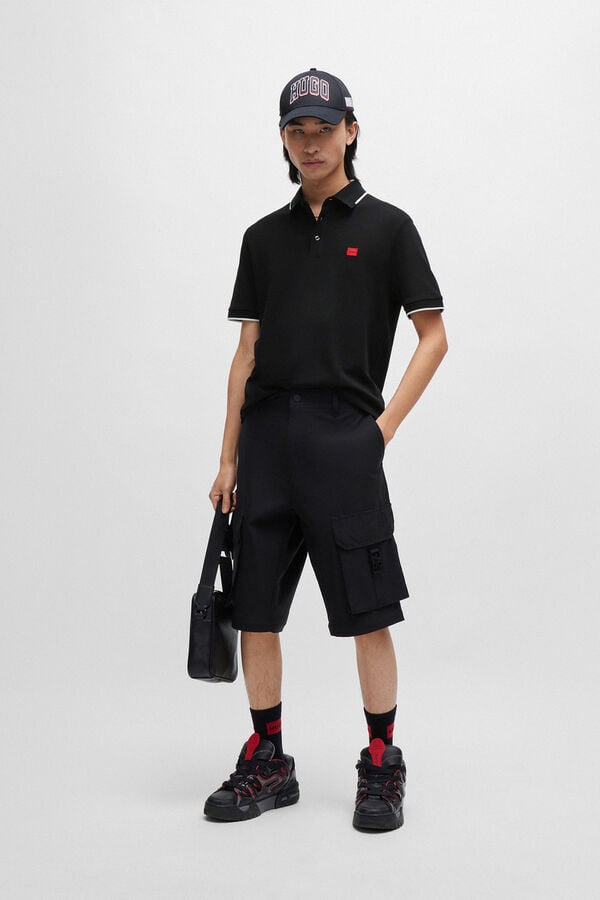 Cortefiel Slim fit cotton piqué polo shirt with red logo label Black