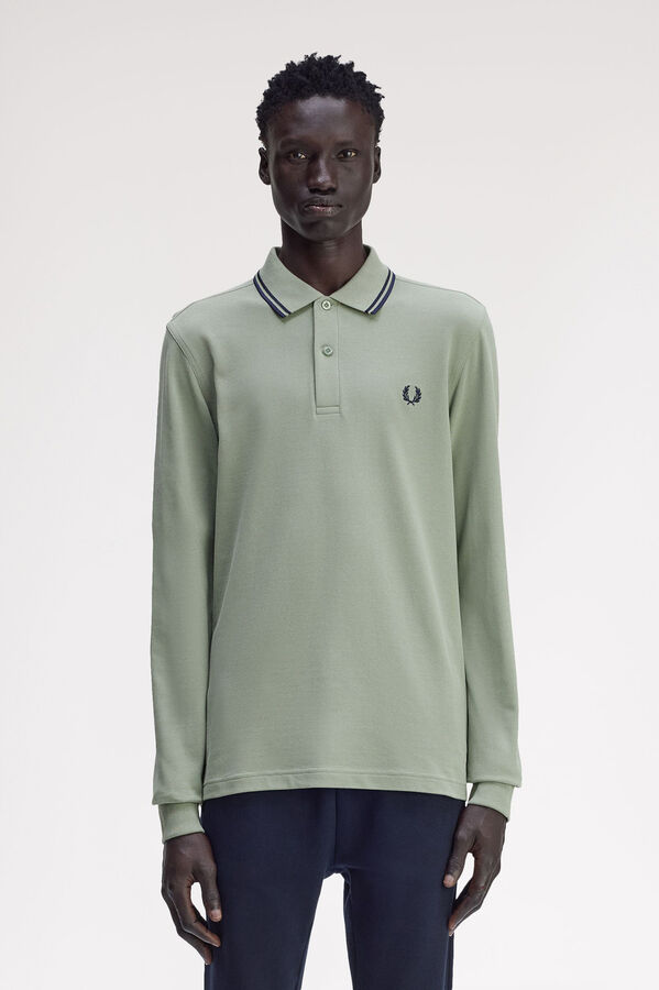 Fred Perry Polo piqué de manga comprida masculina Cinzento
