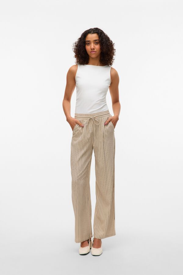 Vero Moda Cal&ccedil;a com cintura el&aacute;stica de linho Tostado