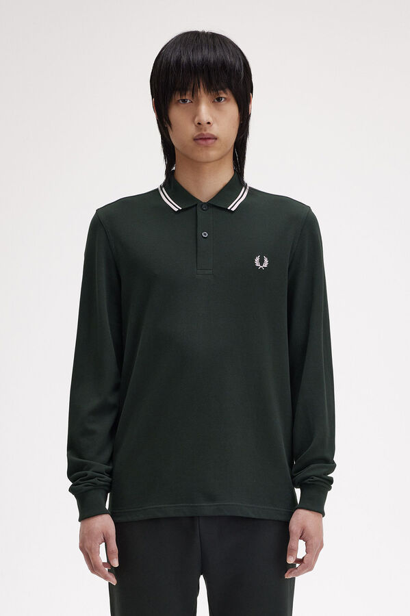 Fred Perry Polo piqué de manga comprida masculina Verde