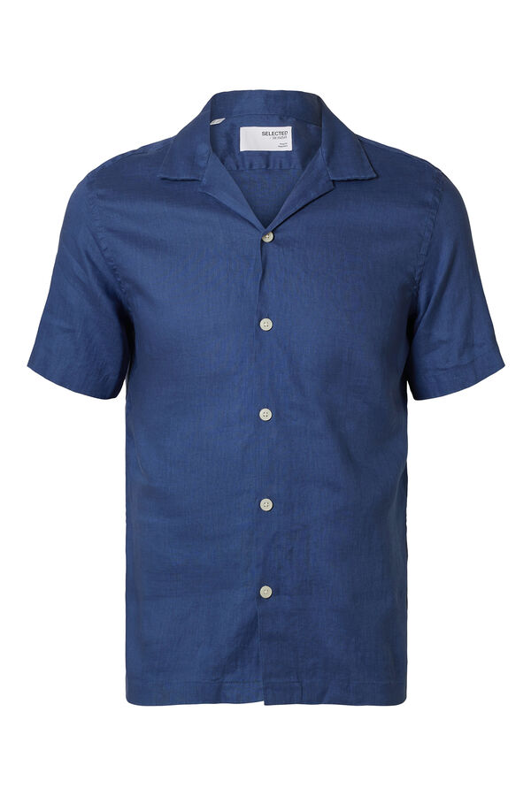 Selected Camisa manga curta 100% linho Azul