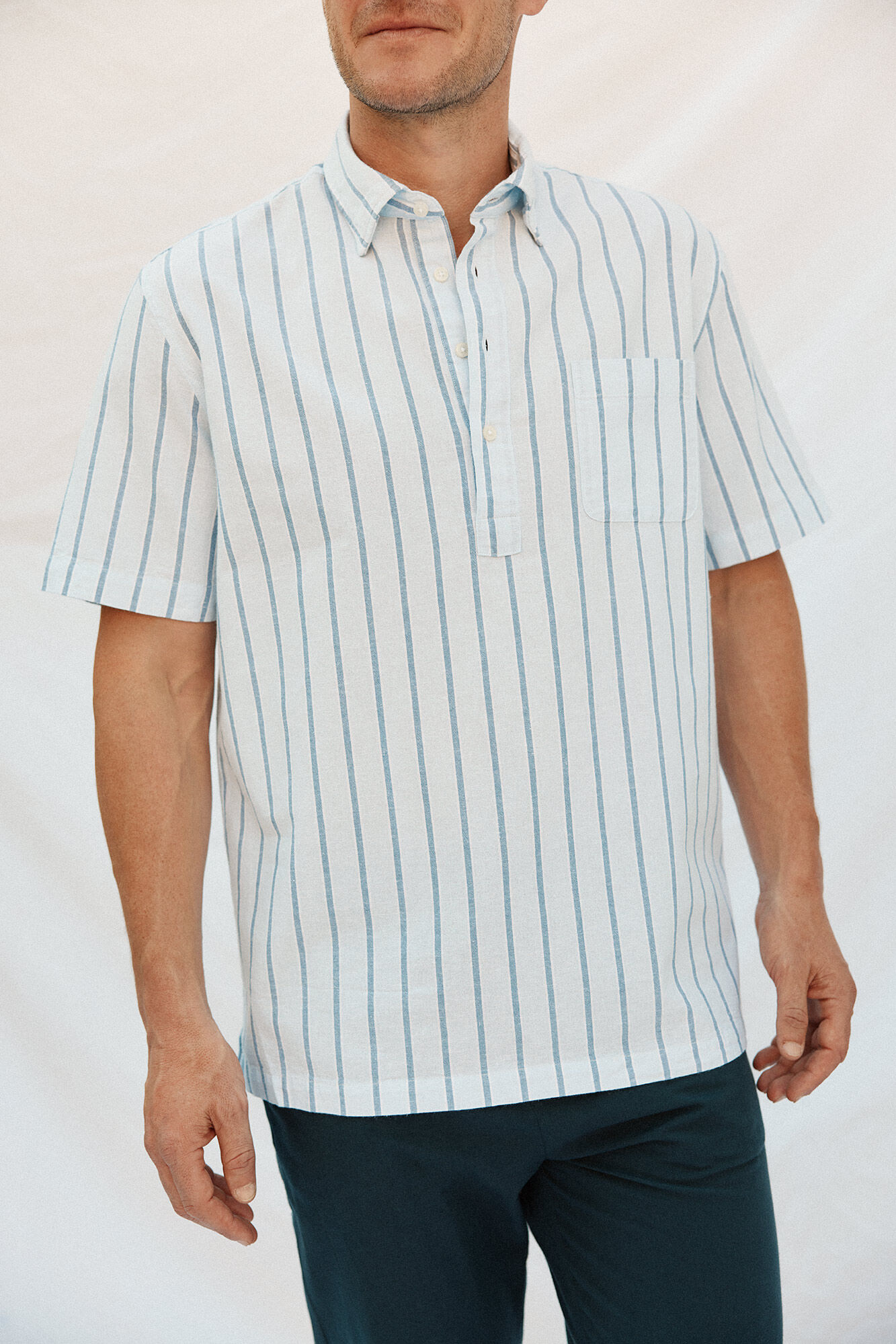 Cortefiel Camiseta riscas de algod&atilde;o e linho de manga curta