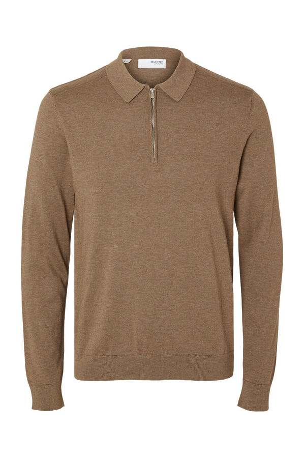 Selected Camisola polo 100% algodão com meia fecho-éclair . Castanho