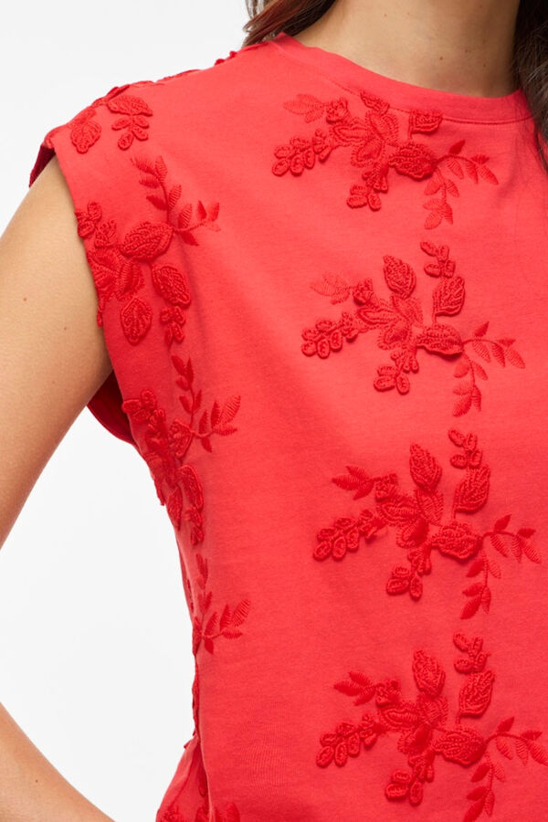 Vila Top sem mangas com bordados em algod&atilde;o Vermelho