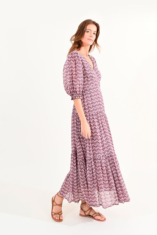Cortefiel Long printed dress with tie detail and ruffles Multicolour