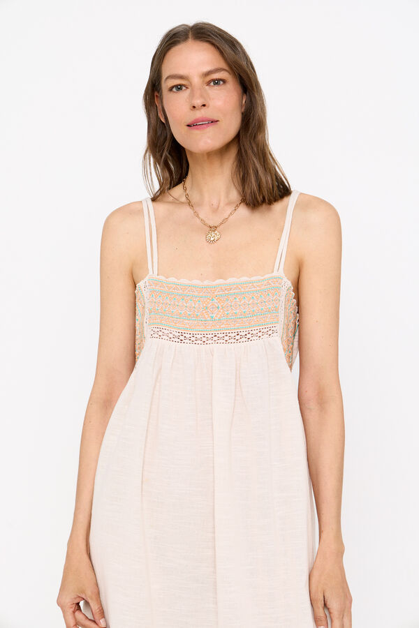 Cortefiel Embroidered strappy dress. Nude