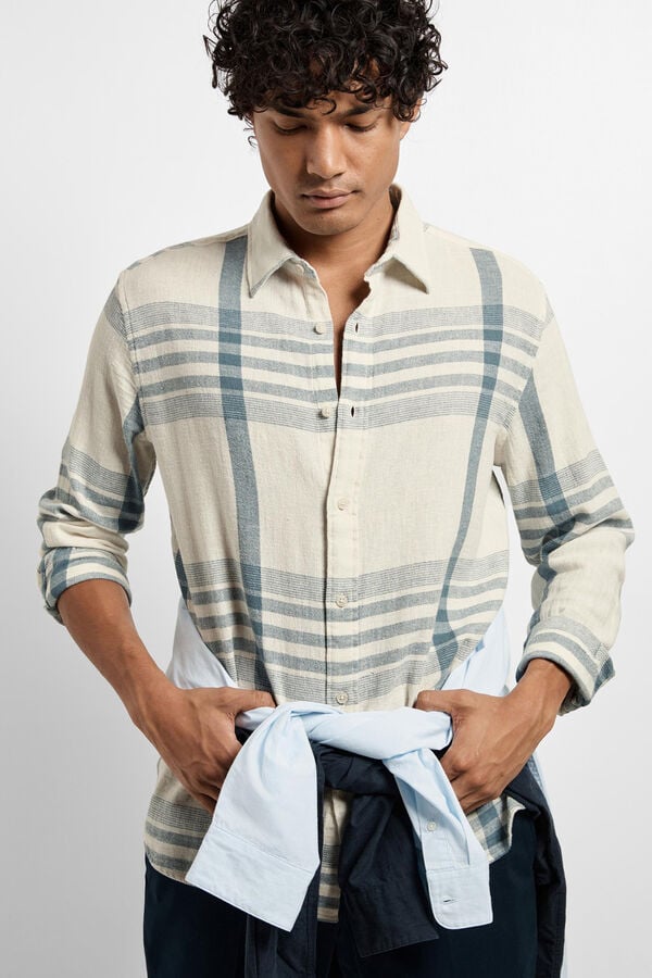 Cortefiel Relaxed fit checked shirt with long sleeve, made with cotton and linen White
