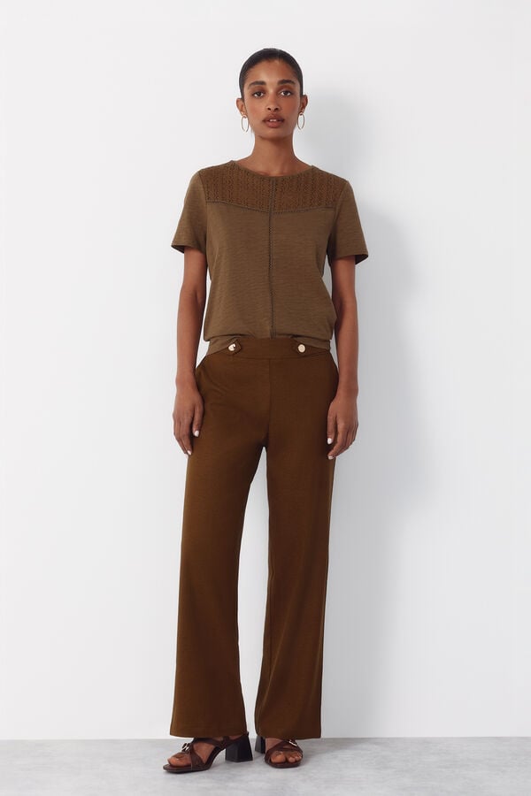 Cortefiel Pantal&oacute;n con lino con botones dorados Kaki