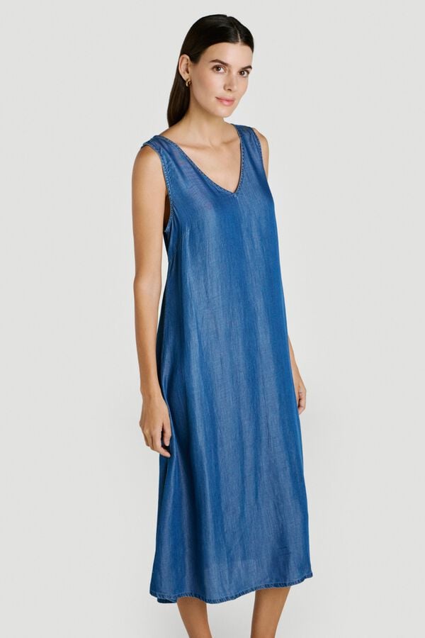 Vila Vestido midi de al&ccedil;as em tencel Azul