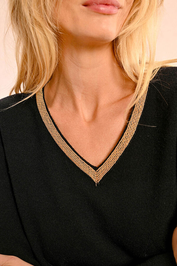 Molly Bracken Suéter feminino de manga comprida, acabamento dourado. Preto