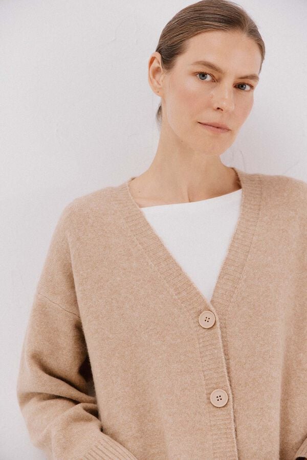 Cortefiel Cardigan largo bolsillos Beige