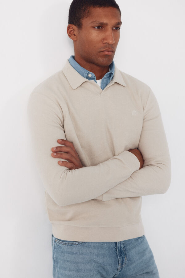 Cortefiel Long sleeve link structure polo shirt Beige