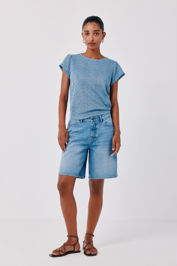 Cortefiel Camiseta de crochet bordado Azul