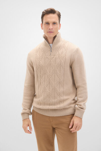 Cortefiel Cable jersey with open neck and zip fastening Beige