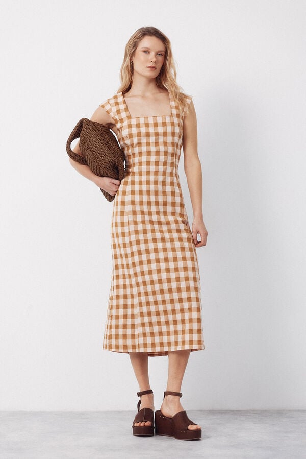 Cortefiel Fitted gingham print dress Printed yellow