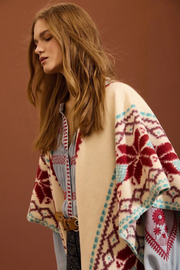 Meisie Ethnic poncho with fringes Printed white