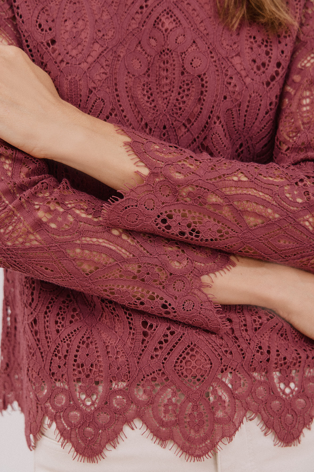 Cortefiel long sleeve guipure top