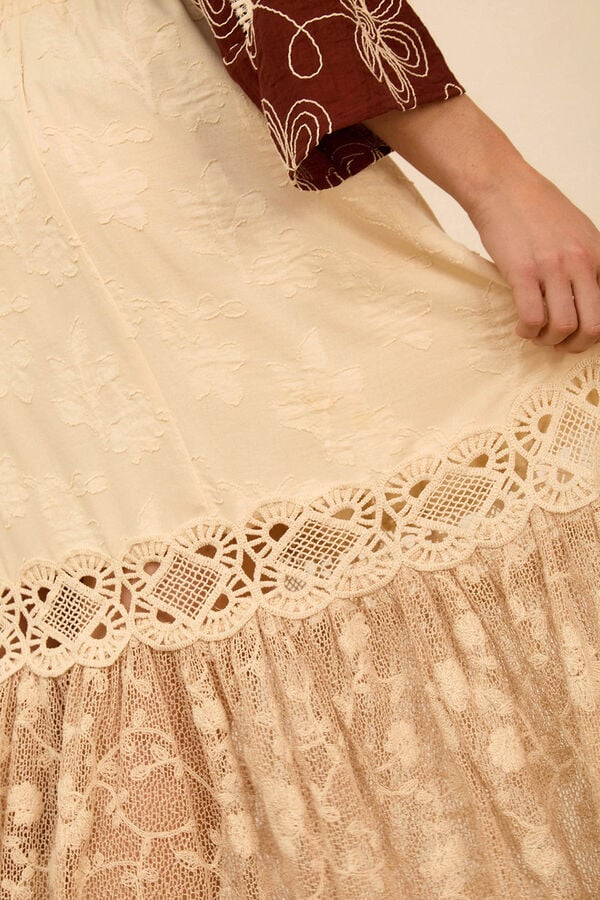 Meisie Bimaterial midi skirt Beige