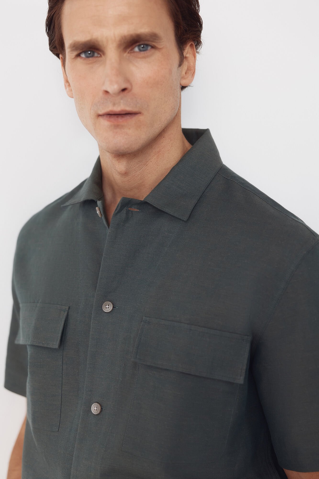 Cortefiel Plain linen cotton bowling collar shirt