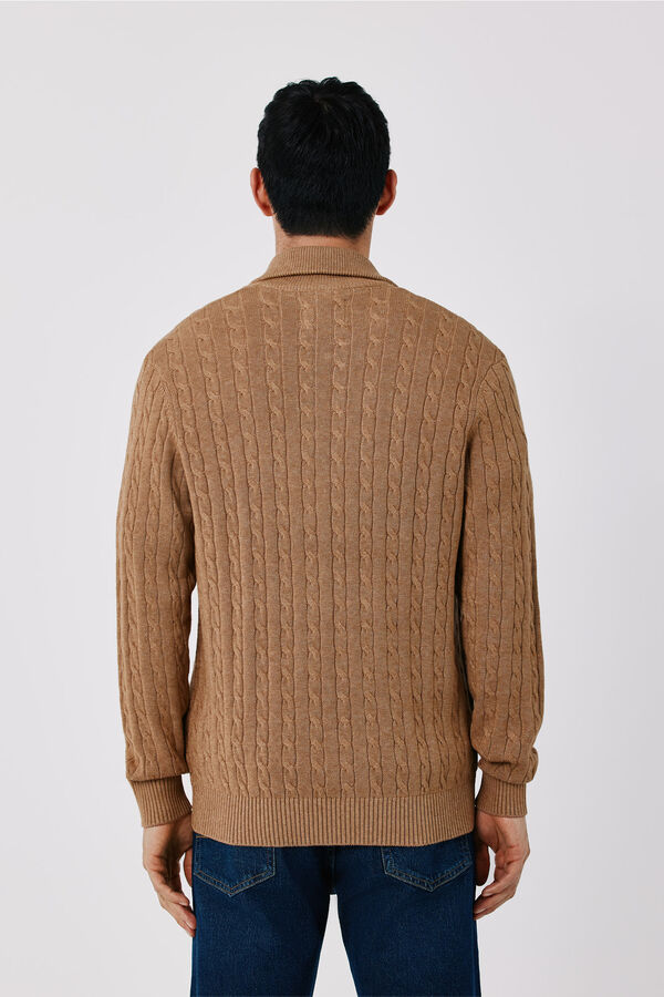 Cortefiel Cotton braided knit zip fastening cardigan Brown