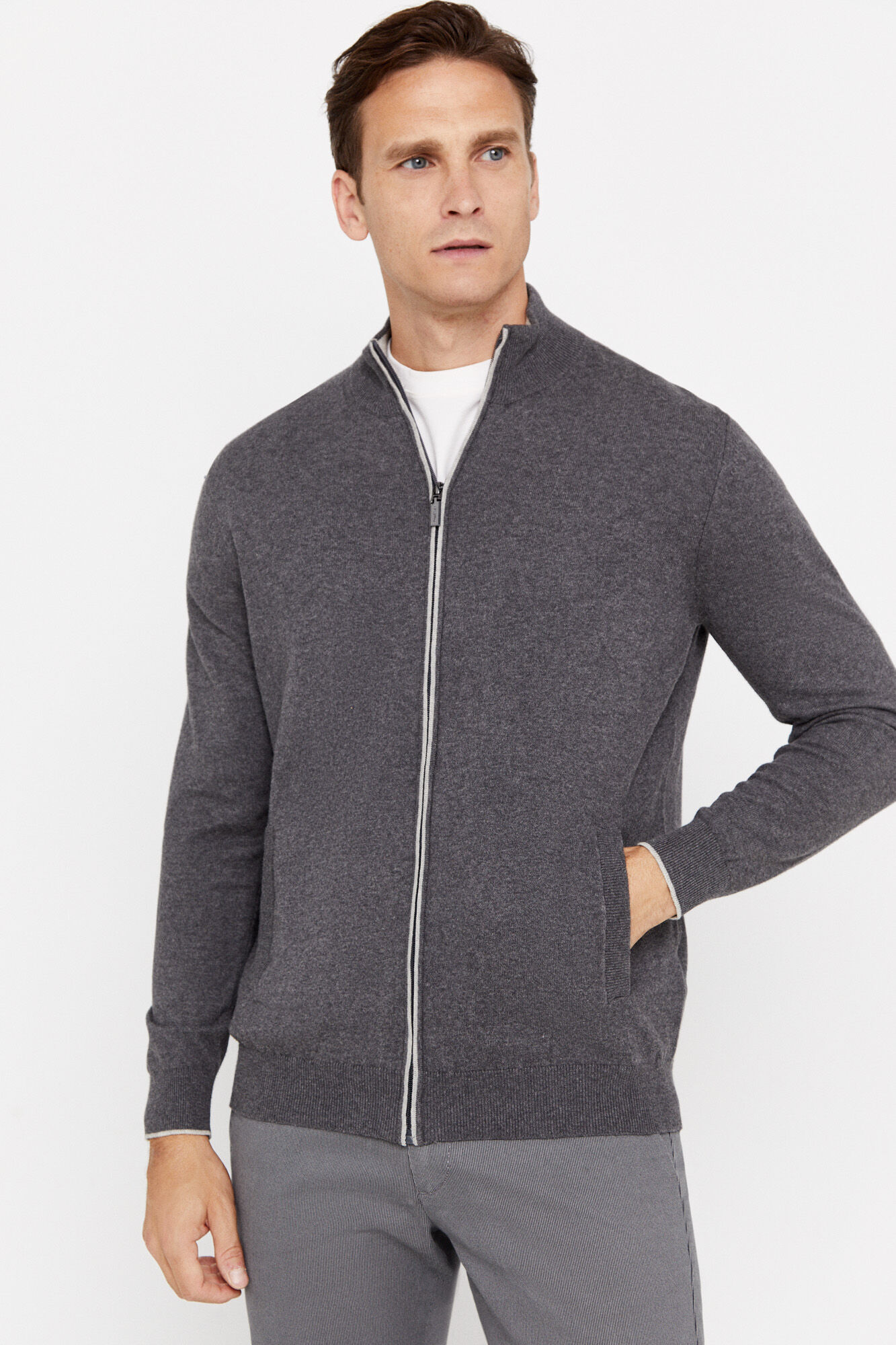 Cotton zip up cardigan with cashmere