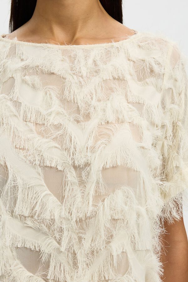 Selected Blusa de manga curta com tecido de franjas Branco