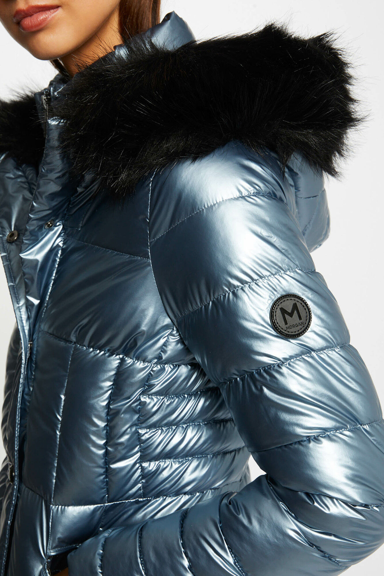 Metallic puffer jacket store with fur hood