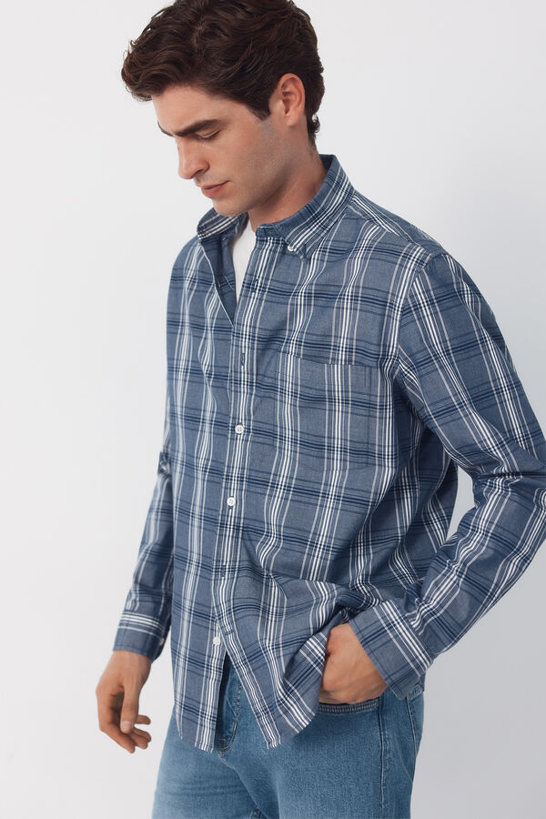 Cortefiel Checked poplin shirt Navy