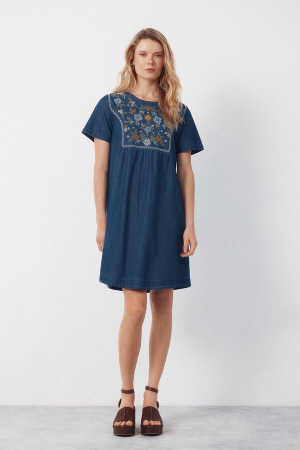 Cortefiel Embroidered dress Blue